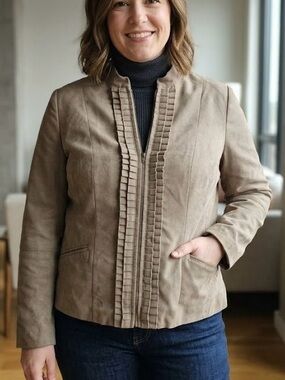 Tan Jay Petites Tan Faux Suede Ruffle Zip Front Jacket - 14P Quite Luxury Chic